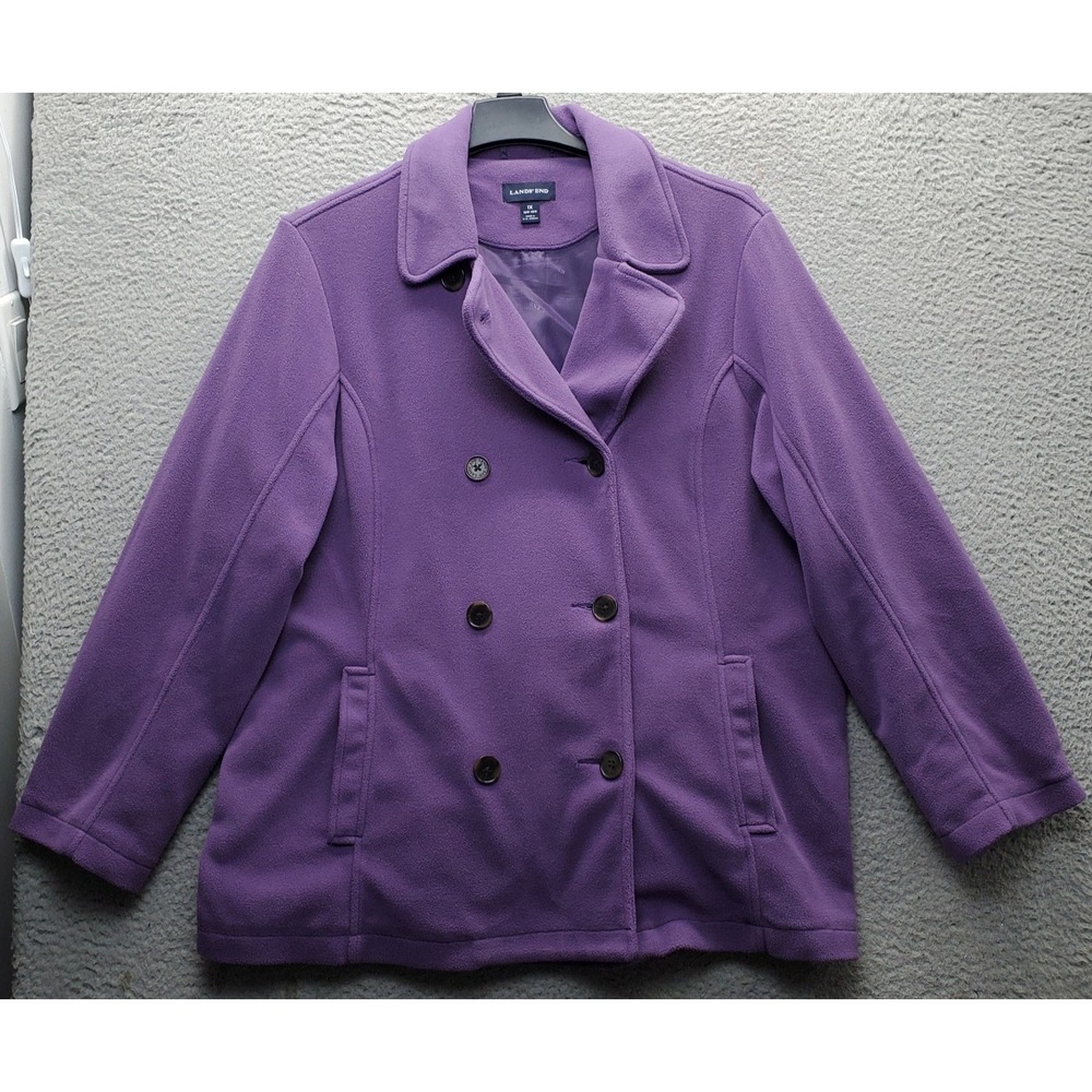 Lands' End Pea Coat Womens 1X Purple Fleece Double-Breasted Lined Winter Warm
